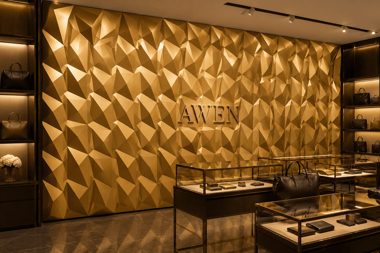 Mur de modules dorés à facettes en losange, du sol au plafond, portant le logo AWEN en relief dans une boutique de maroquinerie
