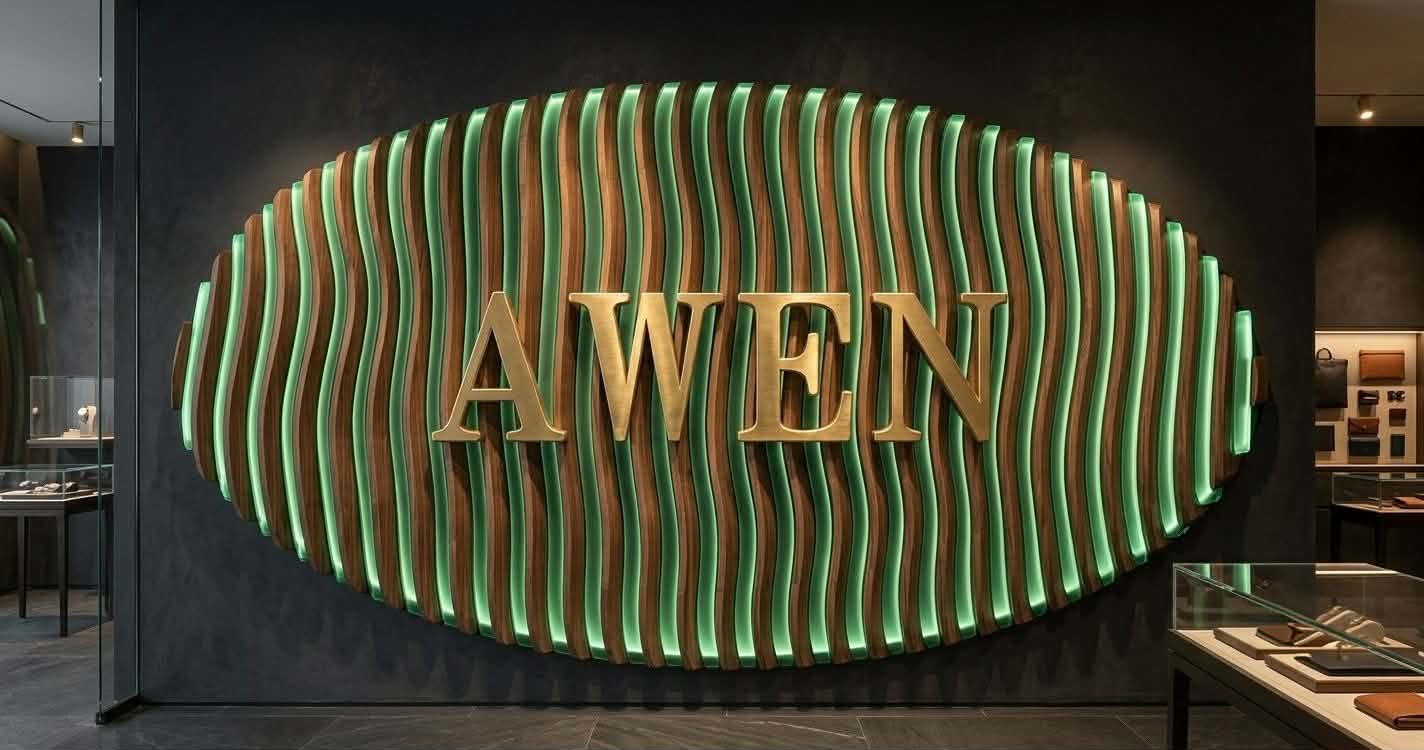 Wave-Wall en lamelles de bois et polycarbonate rétro-éclairé en vert, logo AWEN doré